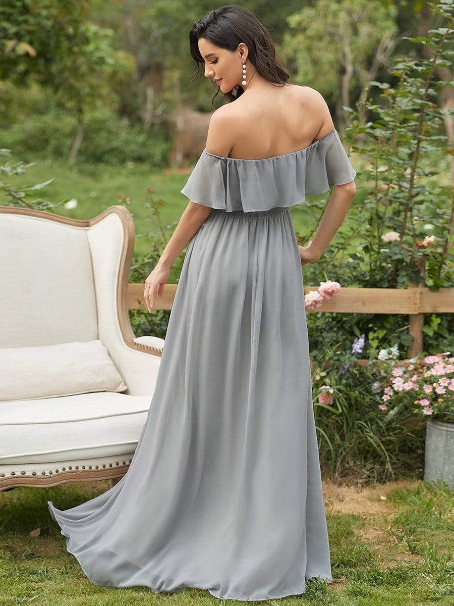 Color=Grey | Women's A-Line Off Shoulder Ruffle Thigh Split Bridesmaid Dresses-Grey 2 Color=Grey | Women's A-Line Off Shoulder Ruffle Thigh Split Bridesmaid Dresses-Grey 2
