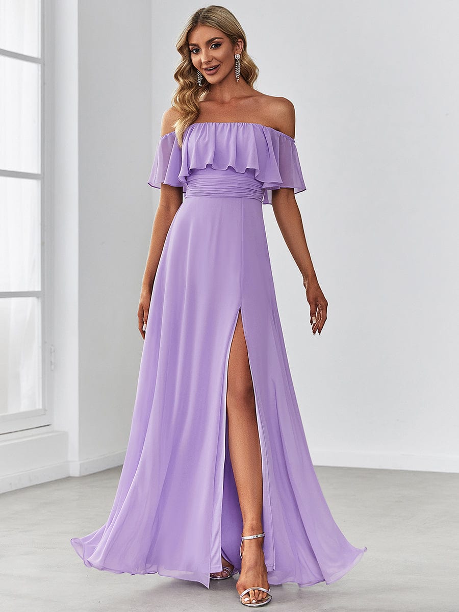Off The Shoulder Bridesmaid Dresses Side Split Maxi #color_Lavender Off The Shoulder Bridesmaid Dresses Side Split Maxi #color_Lavender