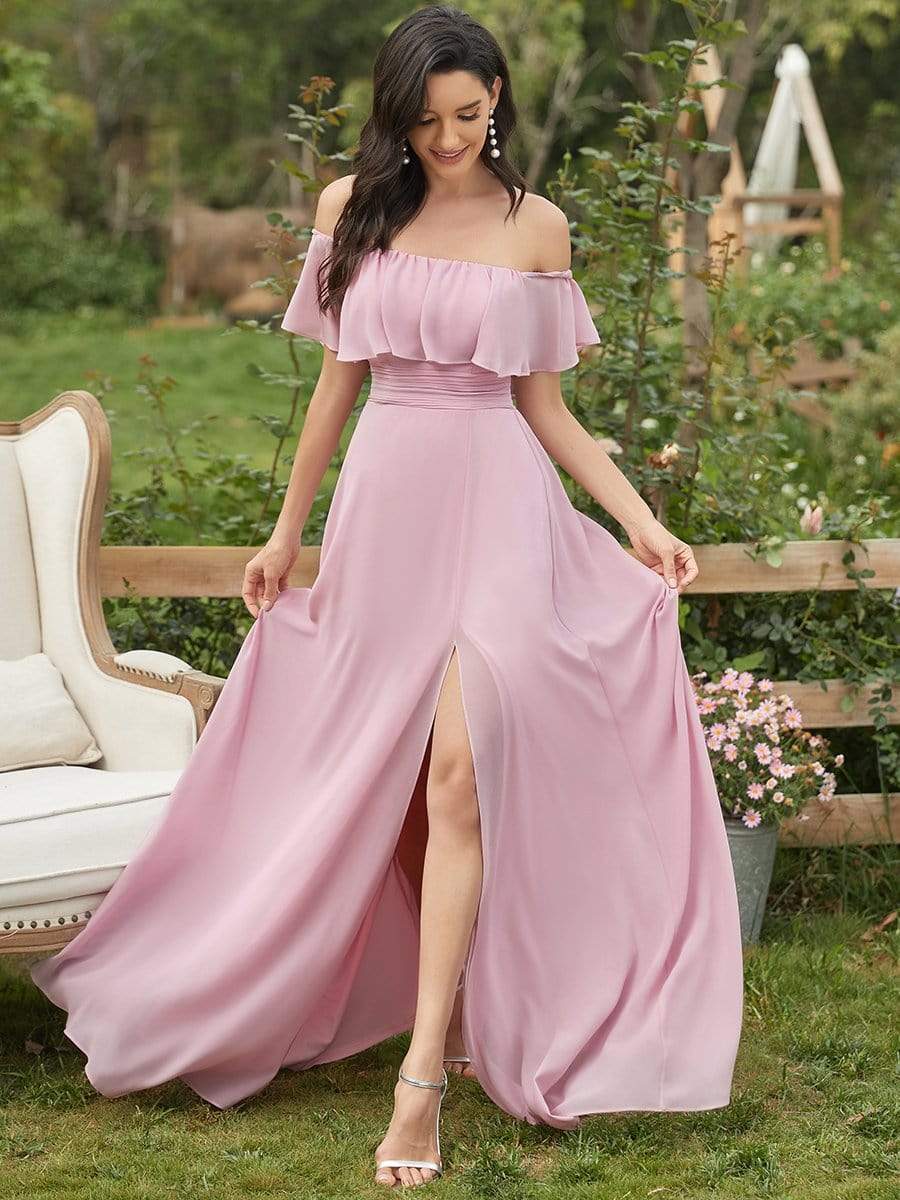 Color=Mauve | Women's A-Line Off Shoulder Ruffle Thigh Split Bridesmaid Dresses-Mauve 1 Color=Mauve | Women's A-Line Off Shoulder Ruffle Thigh Split Bridesmaid Dresses-Mauve 1