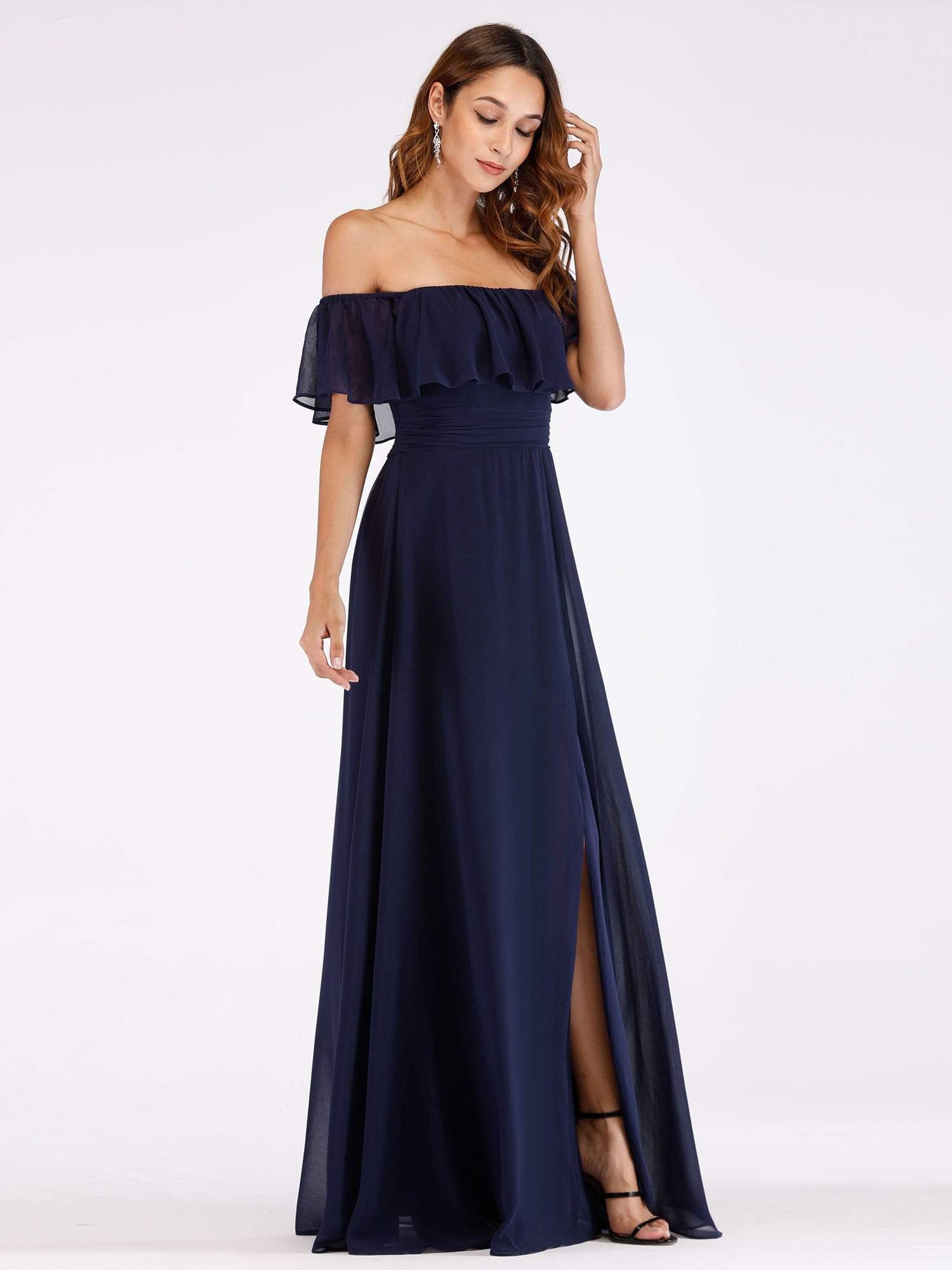 Color=Navy Blue | Women'S A-Line Off Shoulder Ruffle Thigh Split Bridesmaid Dress-Navy Blue 5 Color=Navy Blue | Women'S A-Line Off Shoulder Ruffle Thigh Split Bridesmaid Dress-Navy Blue 5
