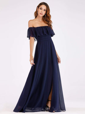 Color=Navy Blue | Women'S A-Line Off Shoulder Ruffle Thigh Split Bridesmaid Dress-Navy Blue 3