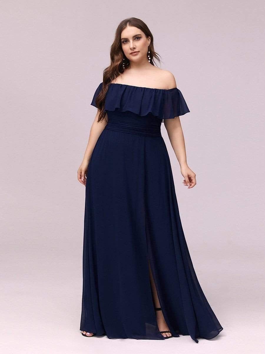Color=Navy Blue | Plus Size Women'S A-Line Off Shoulder Ruffle Thigh Split Bridesmaid Dress-Navy Blue 4 Color=Navy Blue | Plus Size Women'S A-Line Off Shoulder Ruffle Thigh Split Bridesmaid Dress-Navy Blue 4