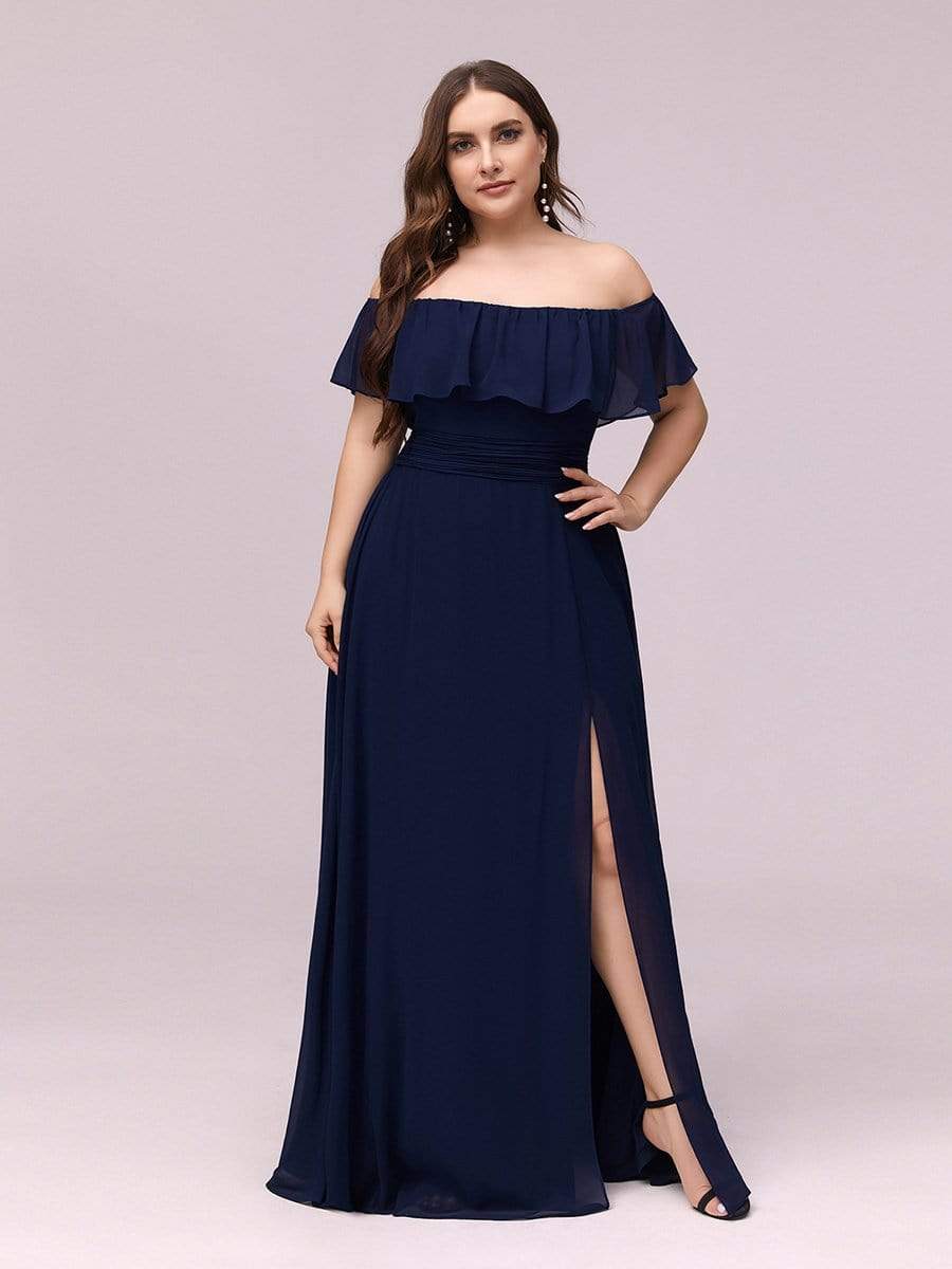 Color=Navy Blue | Women'S A-Line Off Shoulder Ruffle Thigh Split Bridesmaid Dress-Navy Blue 7 Color=Navy Blue | Women'S A-Line Off Shoulder Ruffle Thigh Split Bridesmaid Dress-Navy Blue 7