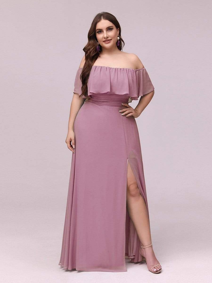 Color=Purple Orchid | Plus Size Women'S A-Line Off Shoulder Ruffle Thigh Split Bridesmaid Dress-Purple Orchid 1 Color=Purple Orchid | Plus Size Women'S A-Line Off Shoulder Ruffle Thigh Split Bridesmaid Dress-Purple Orchid 1