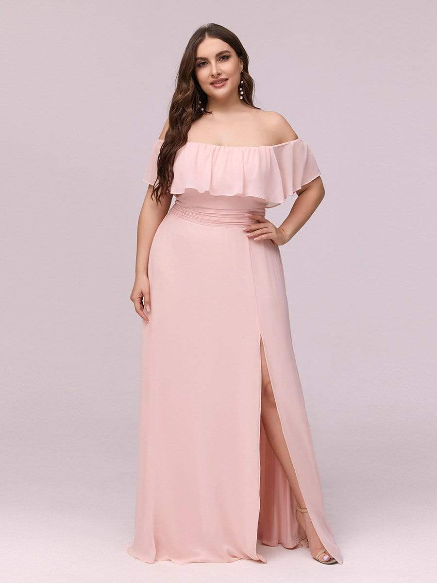 Color=Pink | Plus Size Women'S A-Line Off Shoulder Ruffle Thigh Split Bridesmaid Dress-Pink 4 Color=Pink | Plus Size Women'S A-Line Off Shoulder Ruffle Thigh Split Bridesmaid Dress-Pink 4