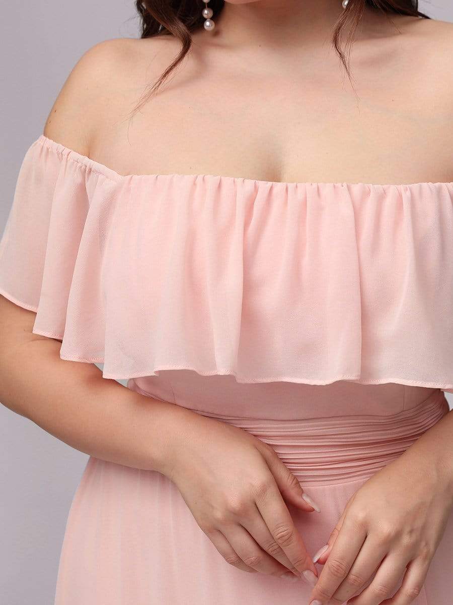 Color=Pink | Plus Size Women'S A-Line Off Shoulder Ruffle Thigh Split Bridesmaid Dress-Pink 5 Color=Pink | Plus Size Women'S A-Line Off Shoulder Ruffle Thigh Split Bridesmaid Dress-Pink 5