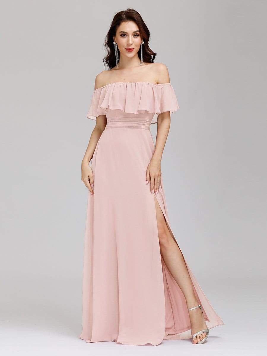 Color=Pink | Women'S A-Line Off Shoulder Ruffle Thigh Split Bridesmaid Dress-Pink 4 Color=Pink | Women'S A-Line Off Shoulder Ruffle Thigh Split Bridesmaid Dress-Pink 4