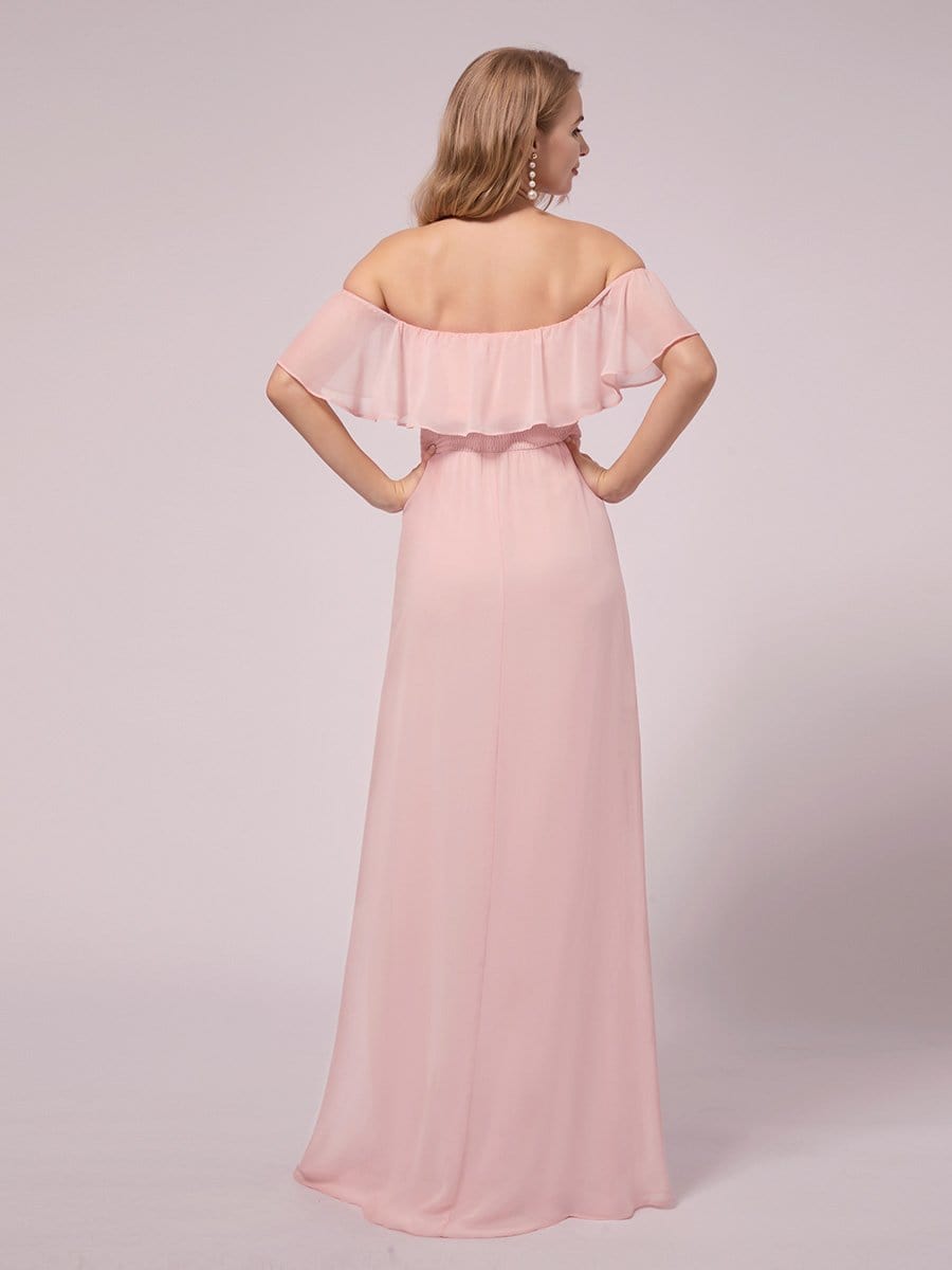 Color=Pink | Women's Off Shoulder Ruffle Thigh Split Maternity Dresses-Pink 2 Color=Pink | Women's Off Shoulder Ruffle Thigh Split Maternity Dresses-Pink 2