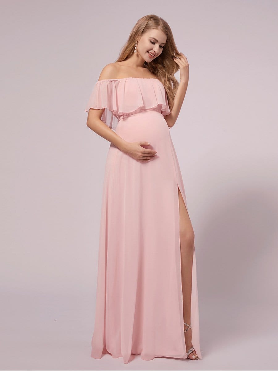 Color=Pink | Women's Off Shoulder Ruffle Thigh Split Maternity Dresses-Pink 3 Color=Pink | Women's Off Shoulder Ruffle Thigh Split Maternity Dresses-Pink 3