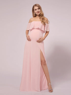 Color=Pink | Women's Off Shoulder Ruffle Thigh Split Maternity Dresses-Pink 5