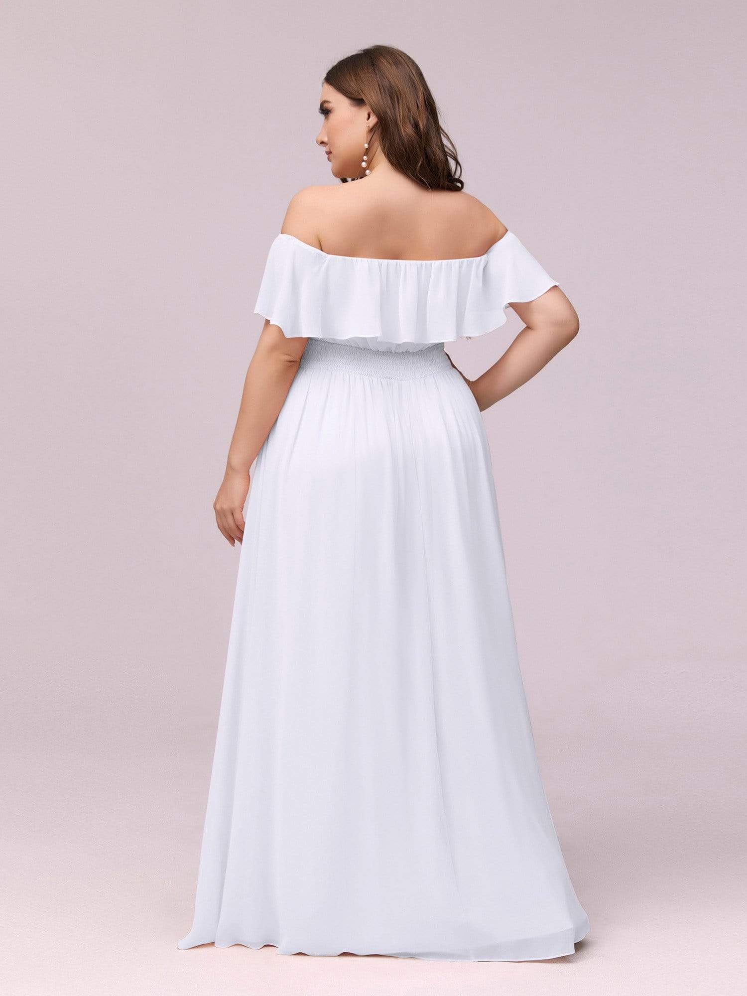 Color=White | Plus Size Women'S A-Line Off Shoulder Ruffle Thigh Split Bridesmaid Dress-White 2 Color=White | Plus Size Women'S A-Line Off Shoulder Ruffle Thigh Split Bridesmaid Dress-White 2