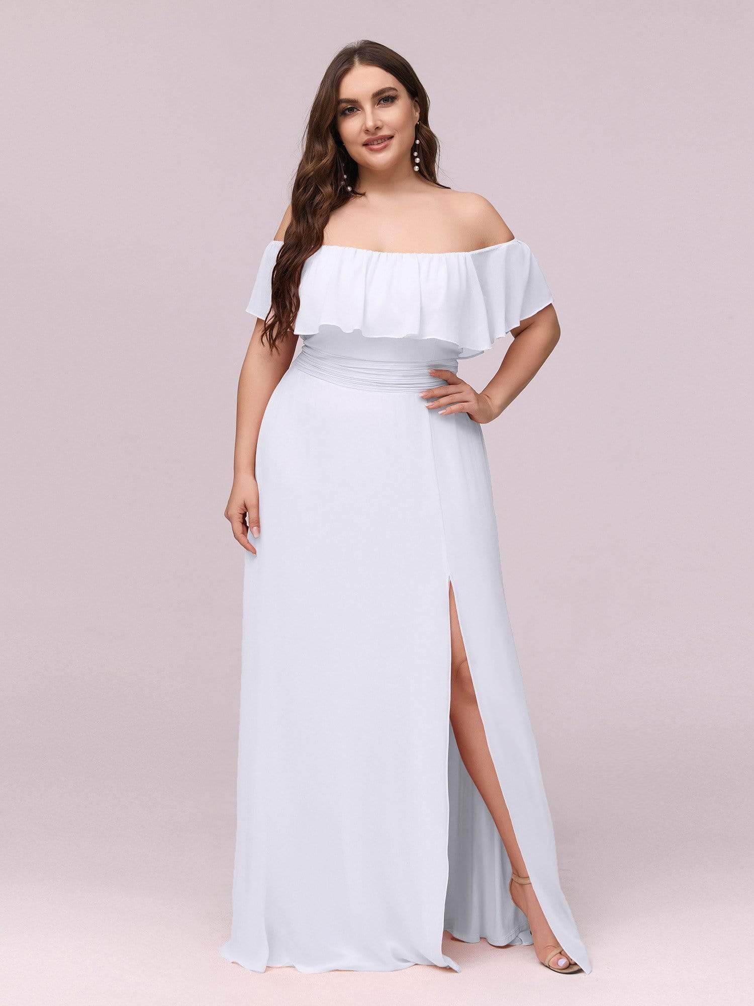 Color=White | Plus Size Women'S A-Line Off Shoulder Ruffle Thigh Split Bridesmaid Dress-White 4 Color=White | Plus Size Women'S A-Line Off Shoulder Ruffle Thigh Split Bridesmaid Dress-White 4