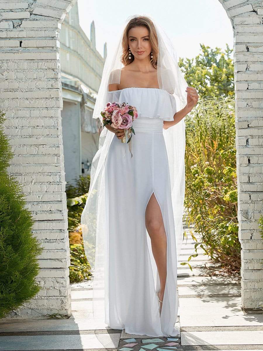 Color=White | Plain Off Shoulder Chiffon Wedding Dress With Side Split-White 6 Color=White | Plain Off Shoulder Chiffon Wedding Dress With Side Split-White 6