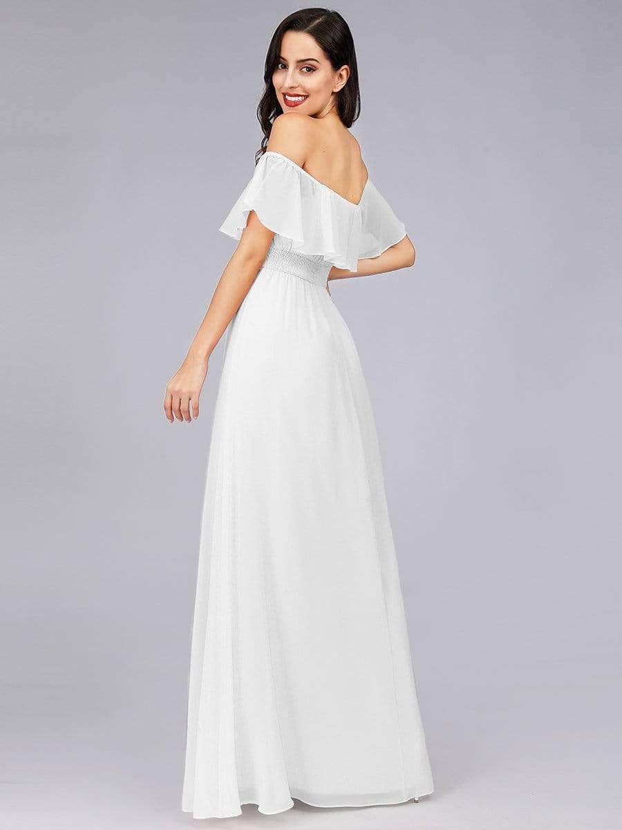 Color=White | Women'S A-Line Off Shoulder Ruffle Thigh Split Bridesmaid Dress-White 4 Color=White | Women'S A-Line Off Shoulder Ruffle Thigh Split Bridesmaid Dress-White 4