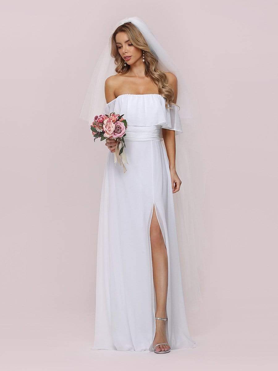 Color=White | Plain Off Shoulder Chiffon Wedding Dress With Side Split-White 8 Color=White | Plain Off Shoulder Chiffon Wedding Dress With Side Split-White 8