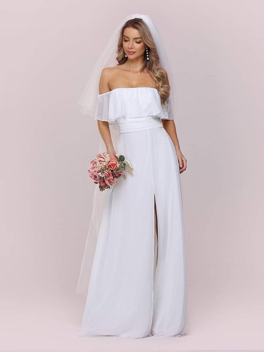 Color=White | Plain Off Shoulder Chiffon Wedding Dress With Side Split-White 9 Color=White | Plain Off Shoulder Chiffon Wedding Dress With Side Split-White 9