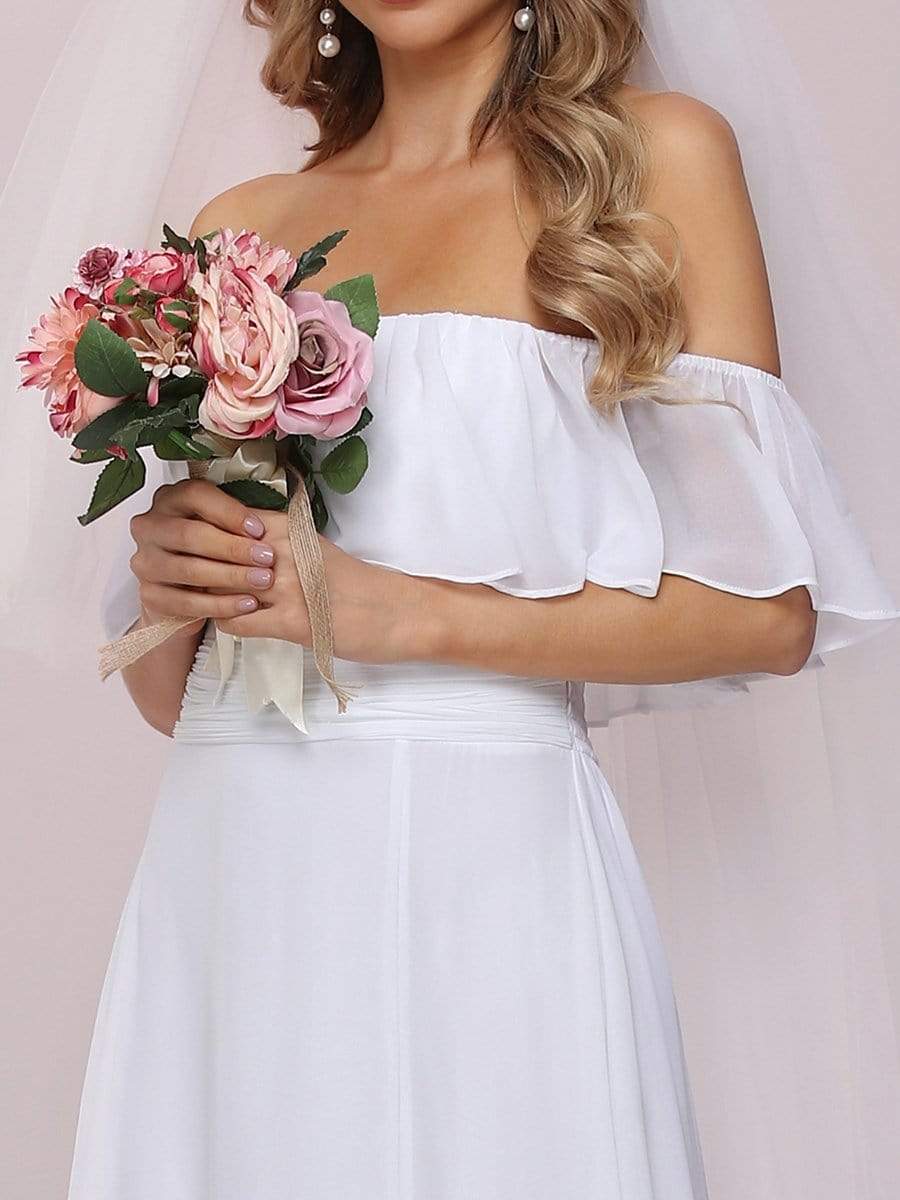 Color=White | Plain Off Shoulder Chiffon Wedding Dress With Side Split-White 11