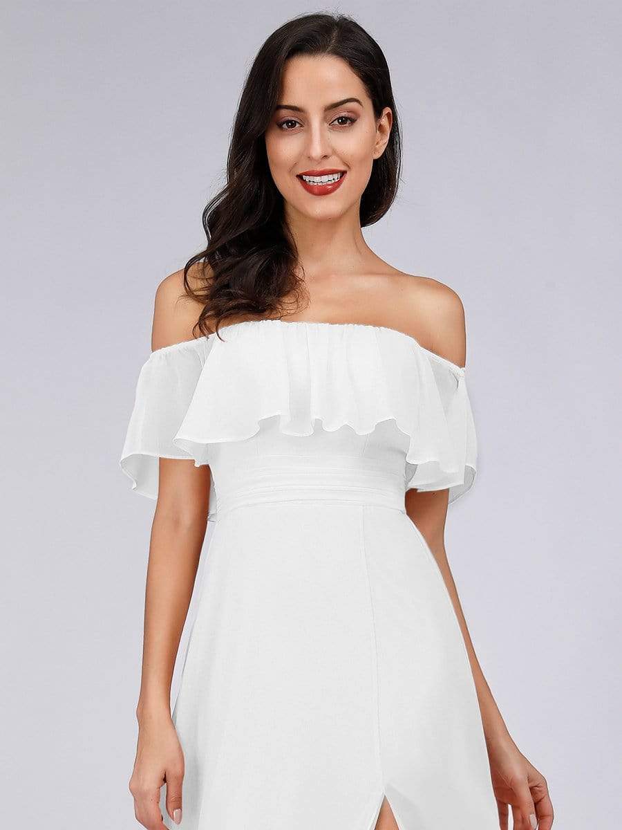 Color=White | Women'S A-Line Off Shoulder Ruffle Thigh Split Bridesmaid Dress-White 5 Color=White | Women'S A-Line Off Shoulder Ruffle Thigh Split Bridesmaid Dress-White 5