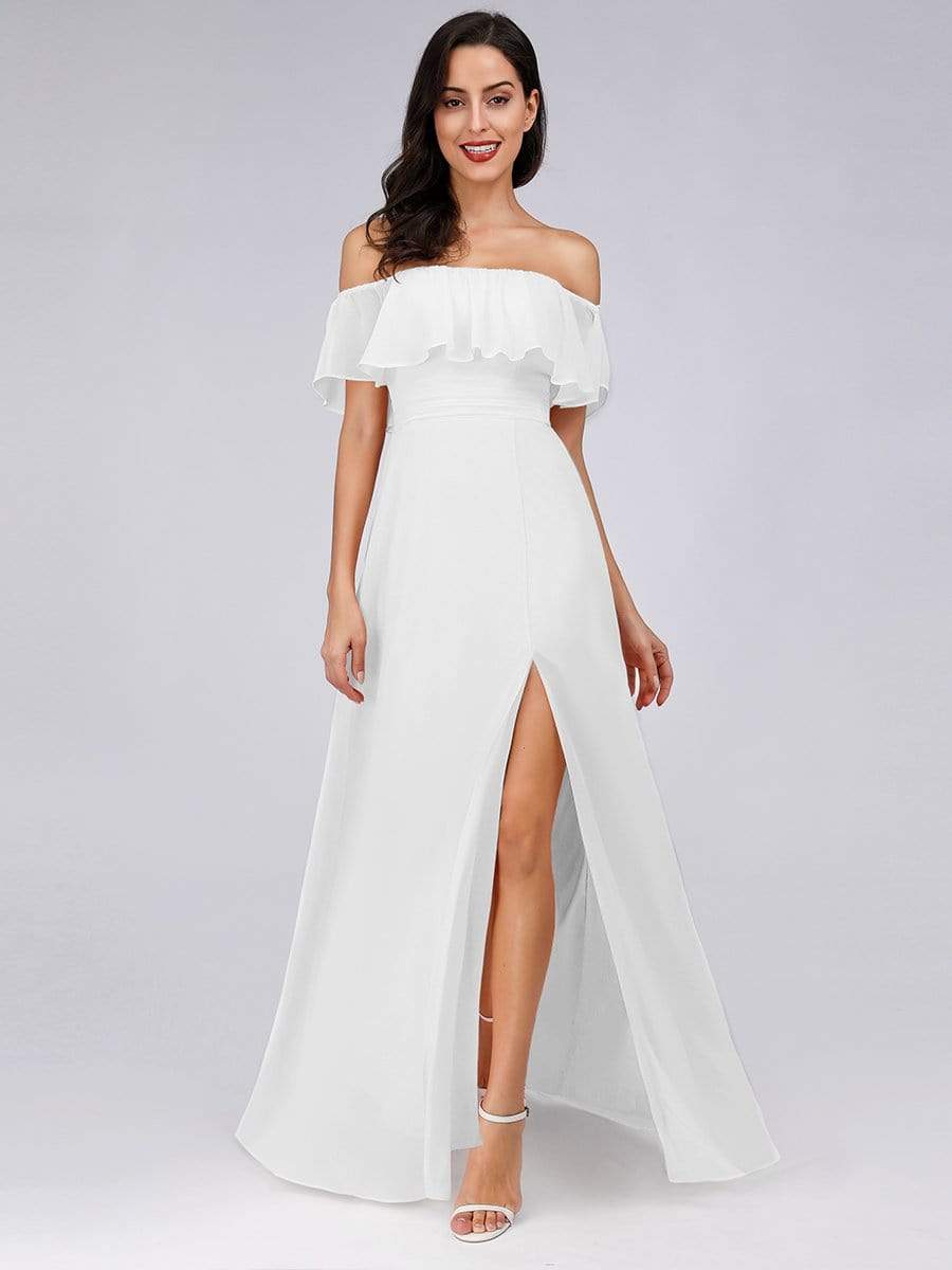 Color=White | Women'S A-Line Off Shoulder Ruffle Thigh Split Bridesmaid Dress-White 3 Color=White | Women'S A-Line Off Shoulder Ruffle Thigh Split Bridesmaid Dress-White 3