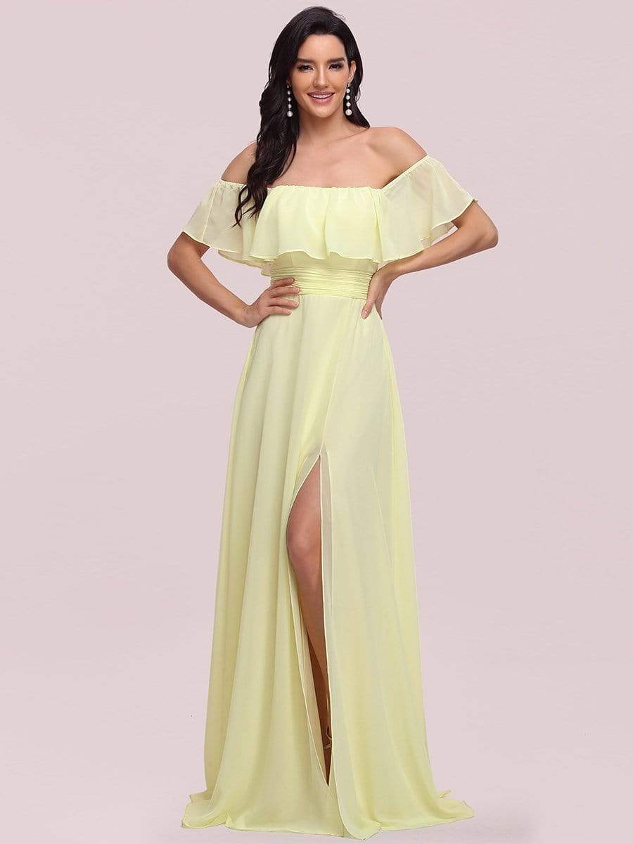 Color=Yellow | Women's A-Line Off Shoulder Ruffle Thigh Split Bridesmaid Dresses-Yellow 4 Color=Yellow | Women's A-Line Off Shoulder Ruffle Thigh Split Bridesmaid Dresses-Yellow 4