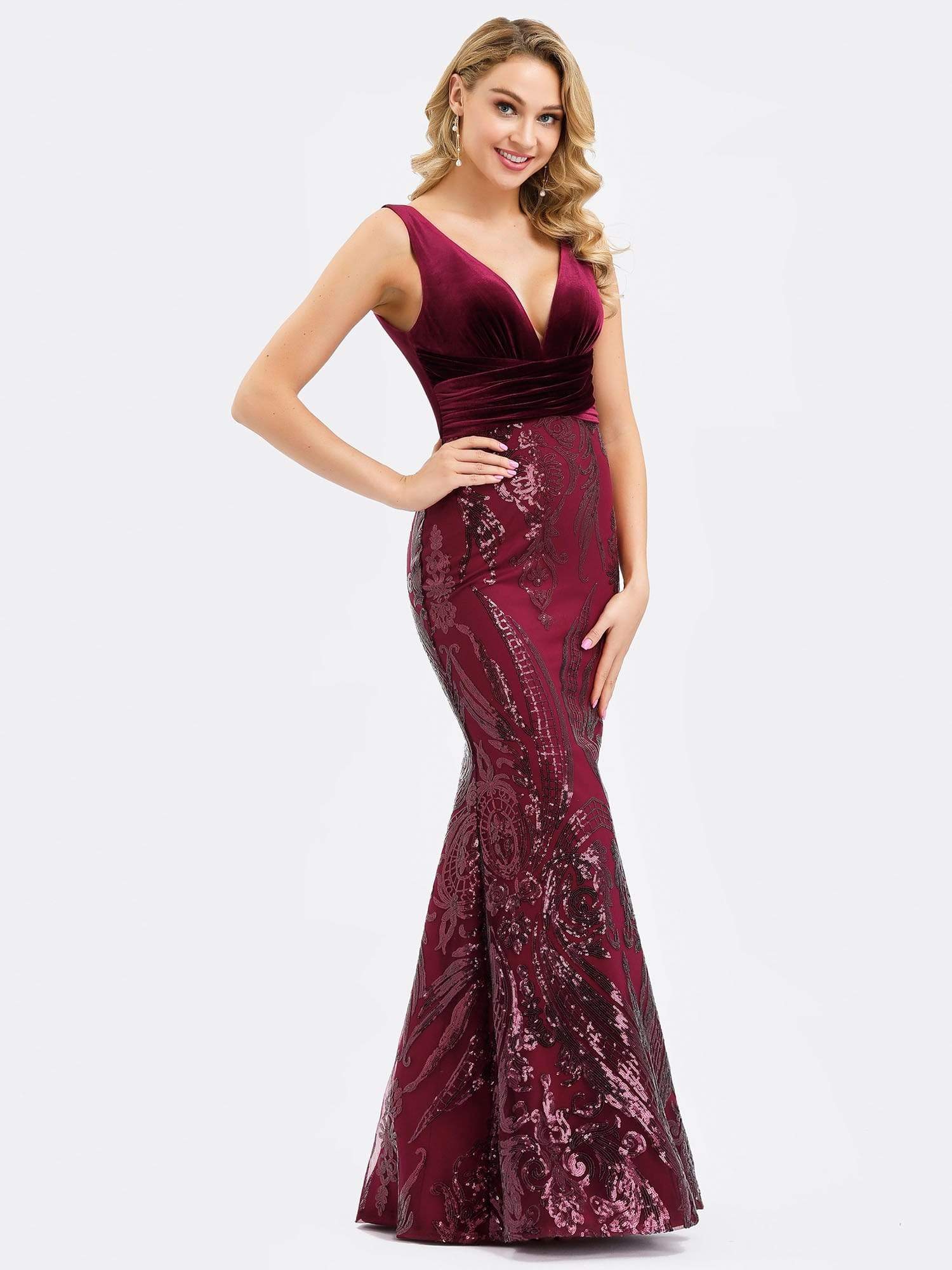 Color=Burgundy | Women'S Double V-Neck Patchwork Bodycon Mermaid Dress-Burgundy 4 Color=Burgundy | Women'S Double V-Neck Patchwork Bodycon Mermaid Dress-Burgundy 4