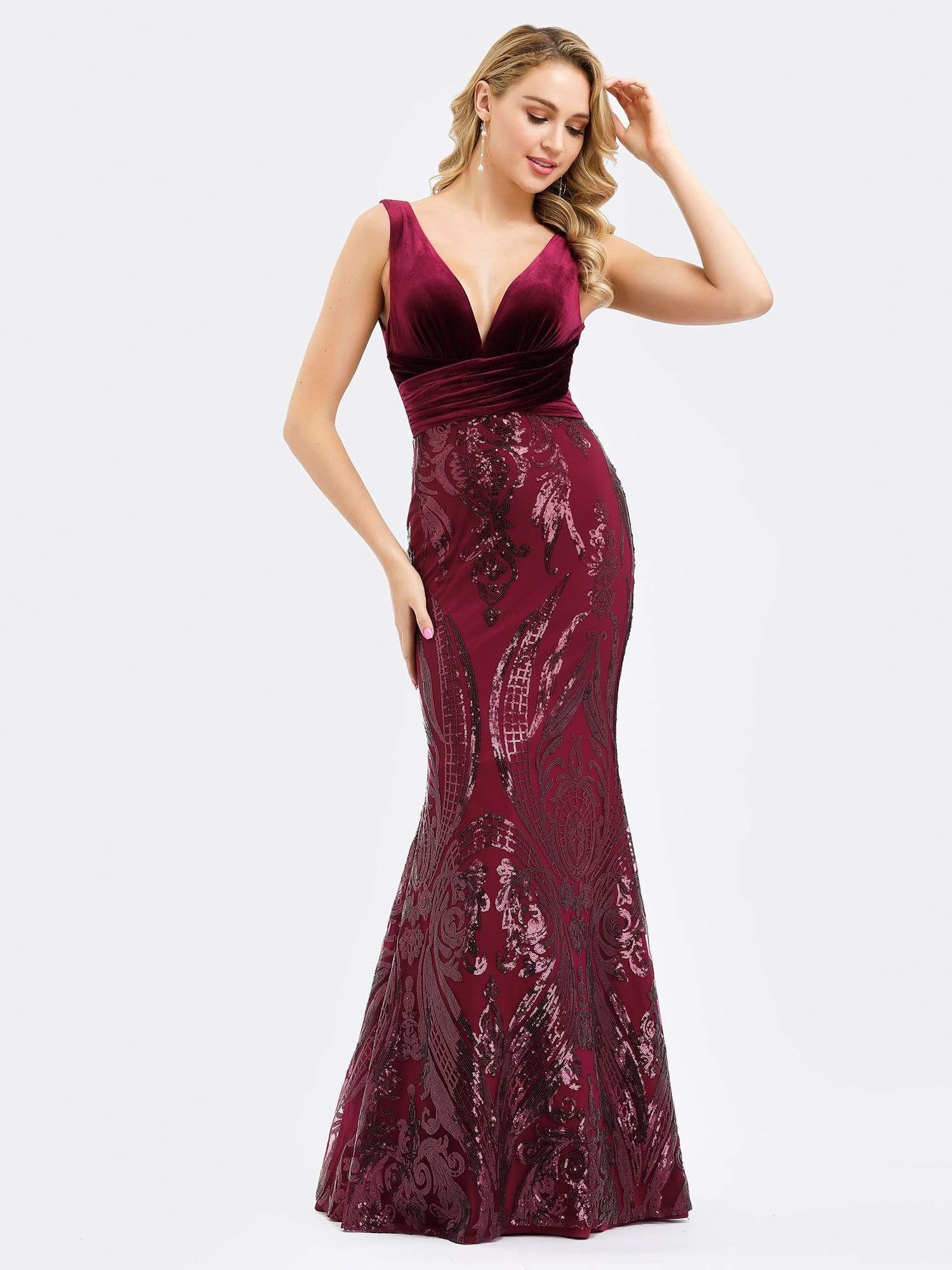 Color=Burgundy | Women'S Double V-Neck Patchwork Bodycon Mermaid Dress-Burgundy 7 Color=Burgundy | Women'S Double V-Neck Patchwork Bodycon Mermaid Dress-Burgundy 7