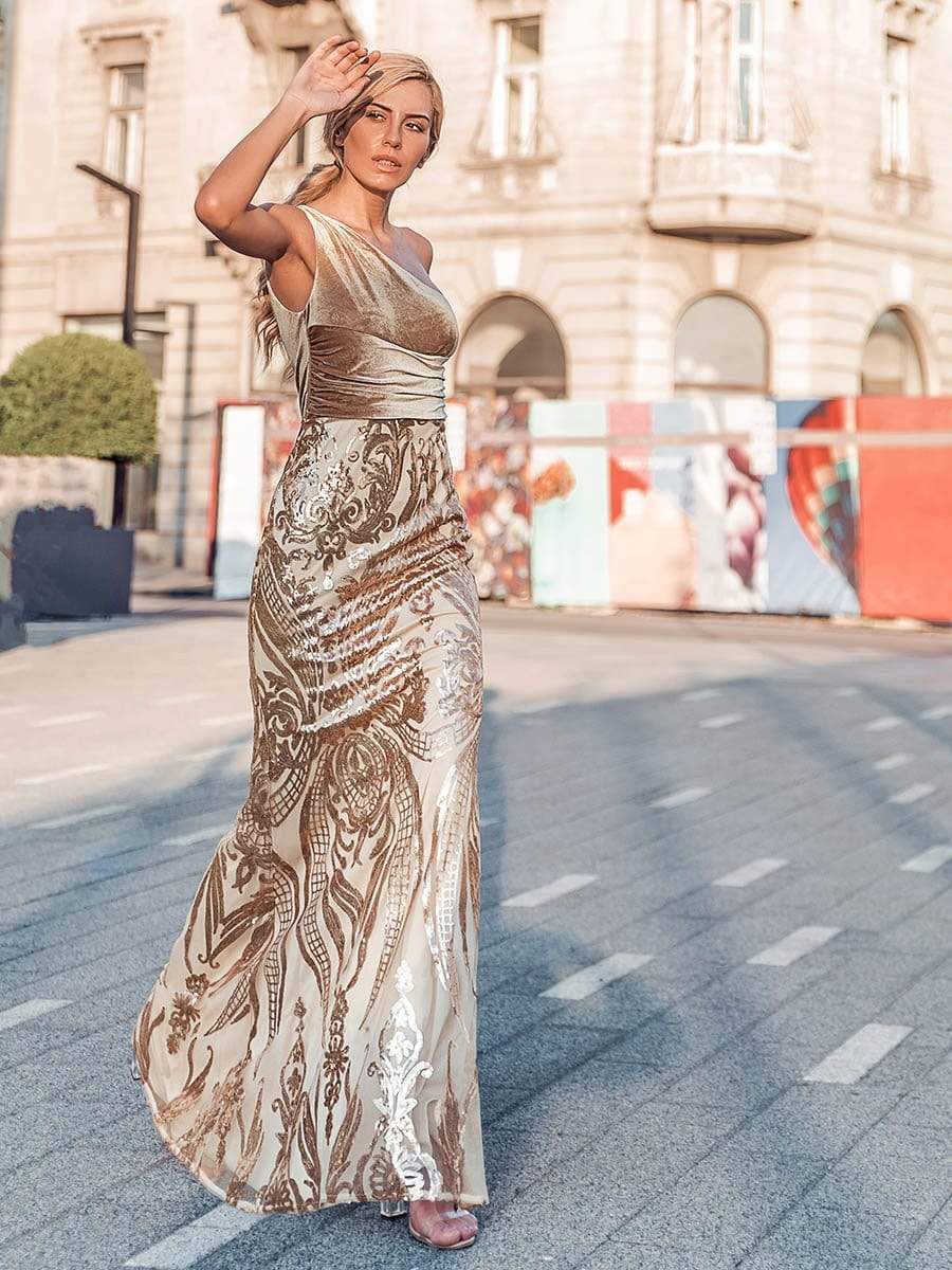 Color=Rose Gold | Women'S One Shoulder Velvet Patchwork Mermaid Maxi Dress-Rose Gold 2 Color=Rose Gold | Women'S One Shoulder Velvet Patchwork Mermaid Maxi Dress-Rose Gold 2