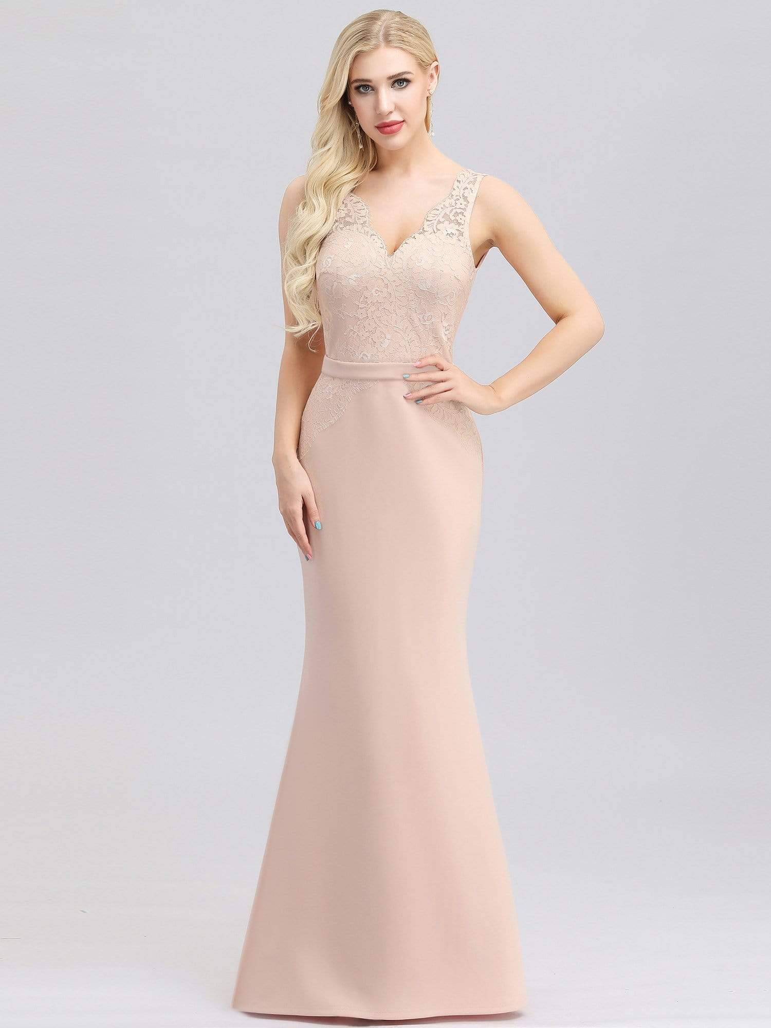 Color=Pink | V-Neck Floral Lace Fishtail Evening Dress-Pink 1 Color=Pink | V-Neck Floral Lace Fishtail Evening Dress-Pink 1