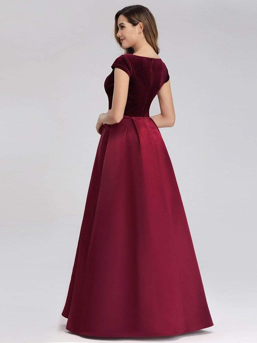 Color=Burgundy | Women'S A-Line V-Neck Velvet Patchwork Evening Party Maxi Dress-Burgundy 4 Color=Burgundy | Women'S A-Line V-Neck Velvet Patchwork Evening Party Maxi Dress-Burgundy 4
