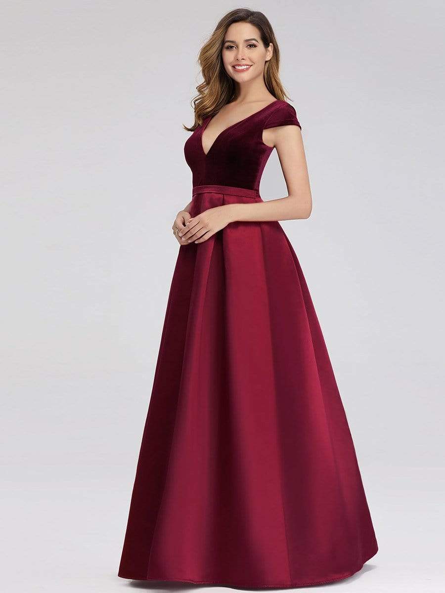 Color=Burgundy | Women'S A-Line V-Neck Velvet Patchwork Evening Party Maxi Dress-Burgundy 5 Color=Burgundy | Women'S A-Line V-Neck Velvet Patchwork Evening Party Maxi Dress-Burgundy 5