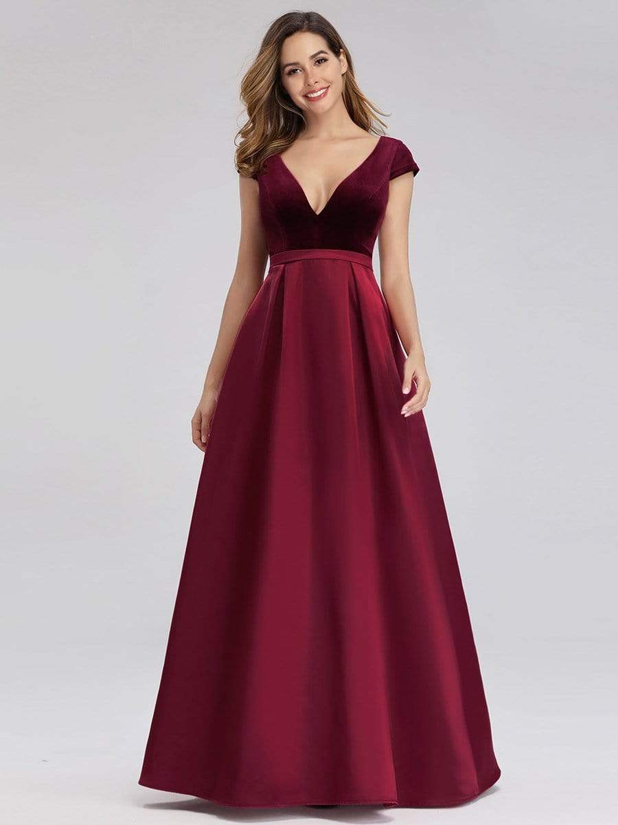 Color=Burgundy | Women'S A-Line V-Neck Velvet Patchwork Evening Party Maxi Dress-Burgundy 6 Color=Burgundy | Women'S A-Line V-Neck Velvet Patchwork Evening Party Maxi Dress-Burgundy 6
