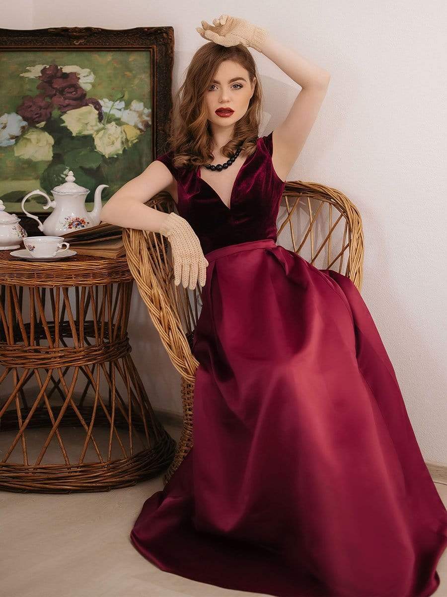 Color=Burgundy | Women'S A-Line V-Neck Velvet Patchwork Evening Party Maxi Dress-Burgundy 1 Color=Burgundy | Women'S A-Line V-Neck Velvet Patchwork Evening Party Maxi Dress-Burgundy 1