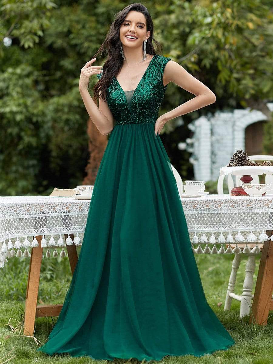 Color=Dark Green | Deep V Neck Floor Length Sequin Cocktail Dress-Dark Green Color=Dark Green | Deep V Neck Floor Length Sequin Cocktail Dress-Dark Green