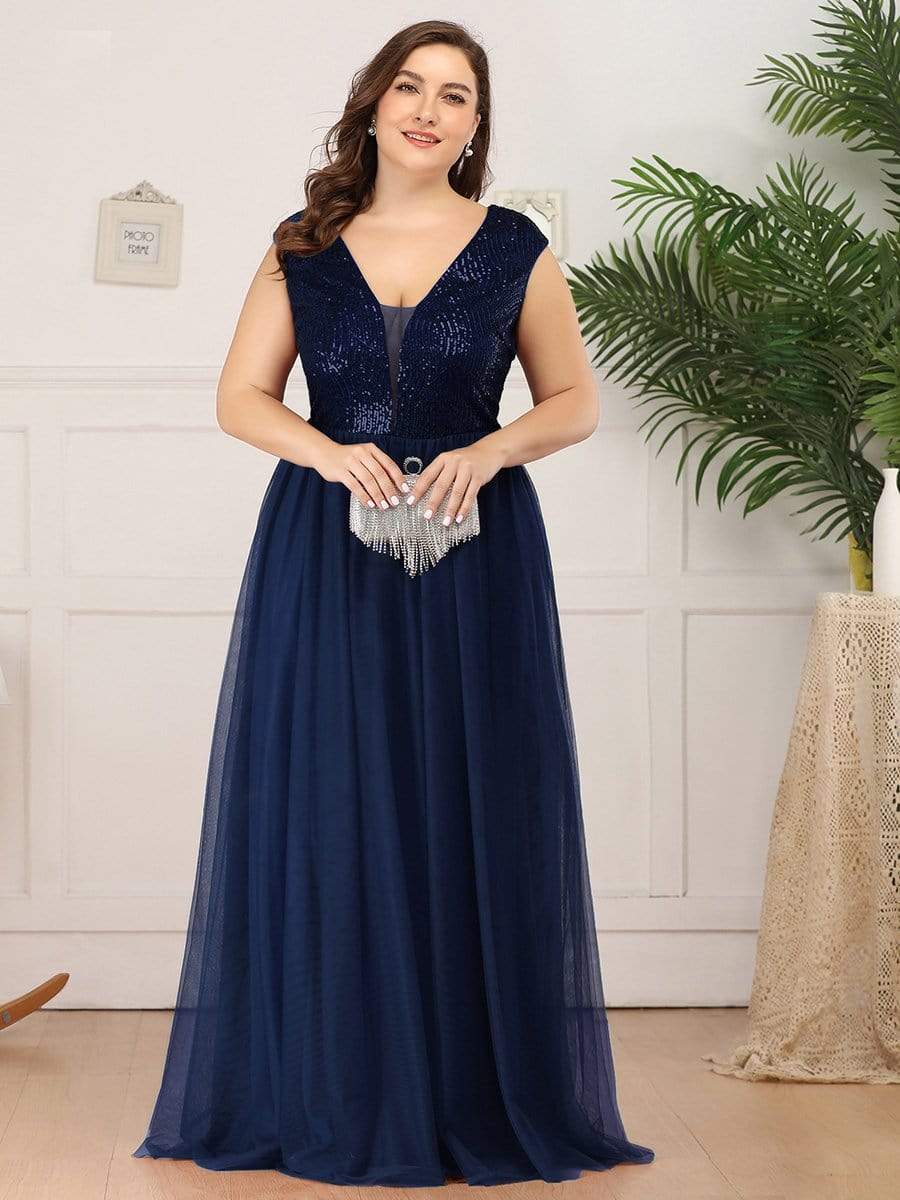 Color=Navy Blue | Deep V Neck Floor Length Sequin Cocktail Dress-Navy Blue 9 Color=Navy Blue | Deep V Neck Floor Length Sequin Cocktail Dress-Navy Blue 9