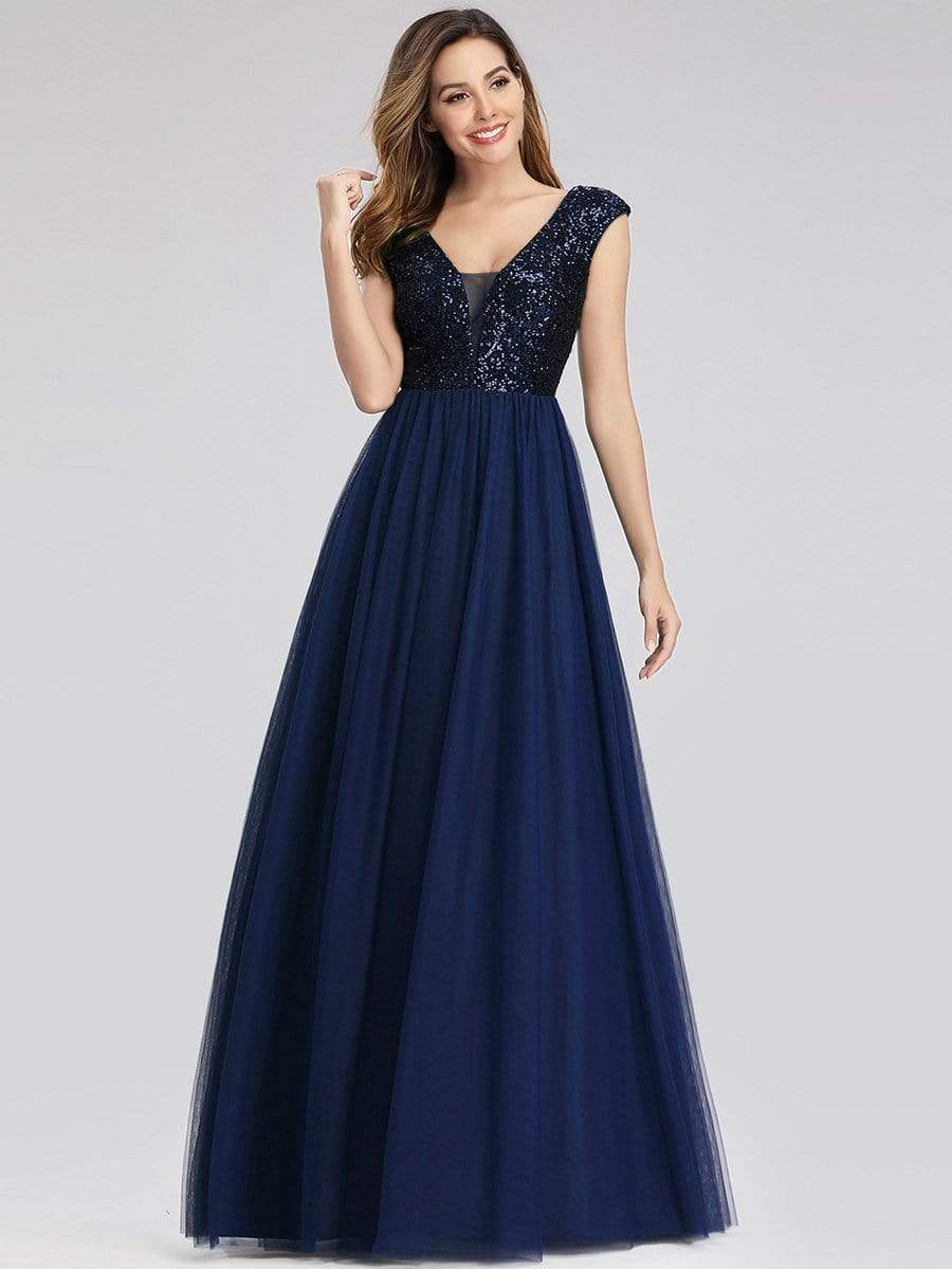 Color=Navy Blue | Deep V Neck Floor Length Sequin Cocktail Dress-Navy Blue 4 Color=Navy Blue | Deep V Neck Floor Length Sequin Cocktail Dress-Navy Blue 4
