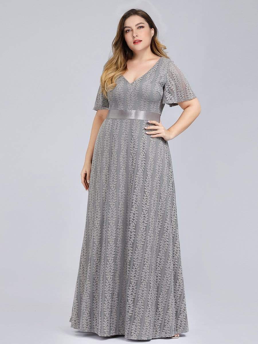 Color=Grey | Plus Size Women'S V-Neck Short Sleeve Floral Lace Wedding Bridesmaid Dress-Grey 4 Color=Grey | Plus Size Women'S V-Neck Short Sleeve Floral Lace Wedding Bridesmaid Dress-Grey 4