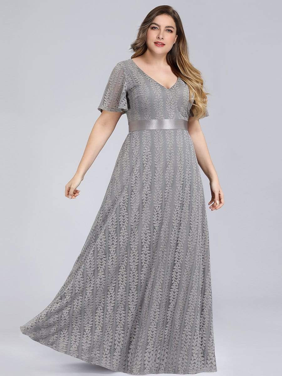 Color=Grey | Plus Size Women'S V-Neck Short Sleeve Floral Lace Wedding Bridesmaid Dress-Grey 1 Color=Grey | Plus Size Women'S V-Neck Short Sleeve Floral Lace Wedding Bridesmaid Dress-Grey 1