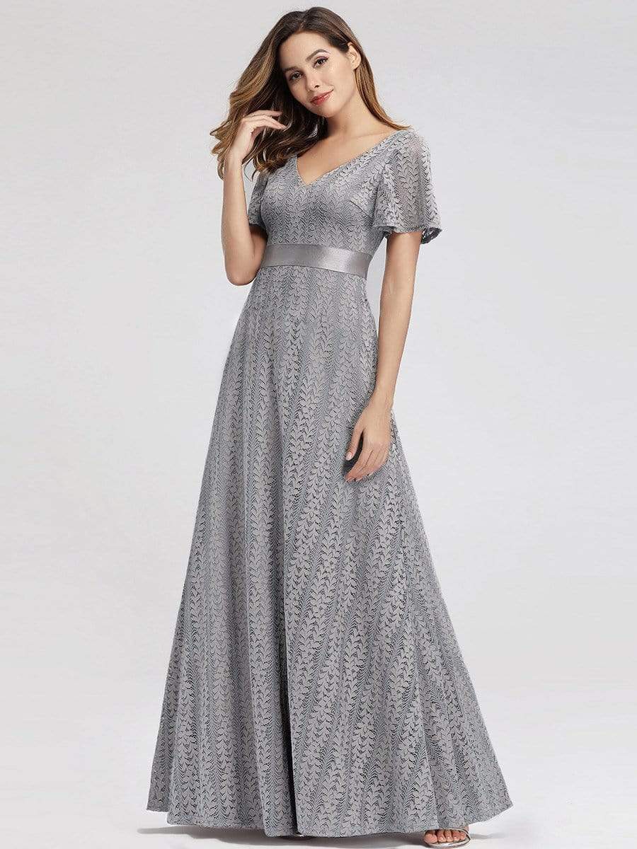 Color=Grey | Women'S V-Neck Short Sleeve Floral Lace Wedding Bridesmaid Dress-Grey 4 Color=Grey | Women'S V-Neck Short Sleeve Floral Lace Wedding Bridesmaid Dress-Grey 4