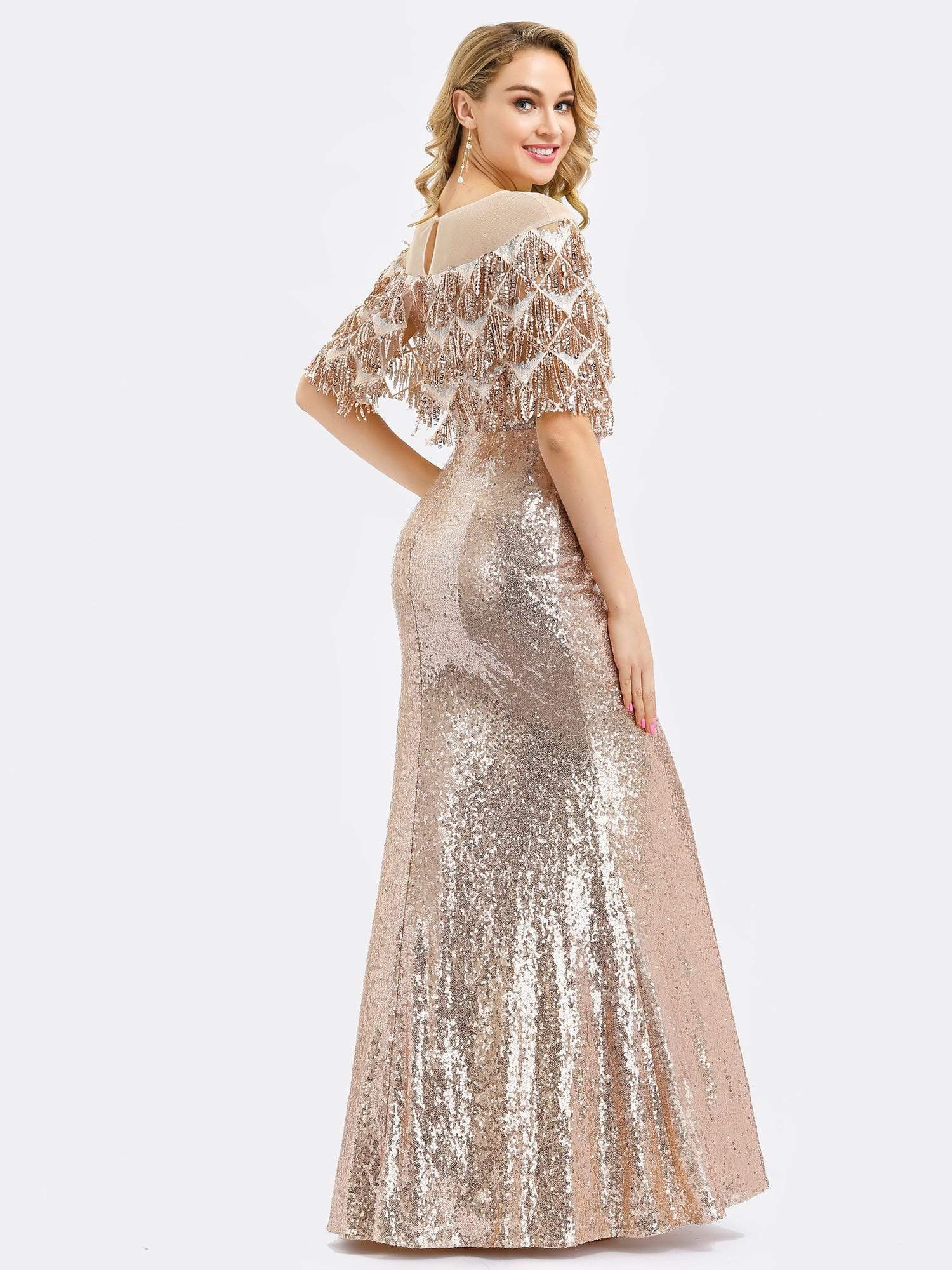 Color=Rose Gold | Gorgeous Shawl Sequin Fishtail Evening Dress-Rose Gold 2 Color=Rose Gold | Gorgeous Shawl Sequin Fishtail Evening Dress-Rose Gold 2