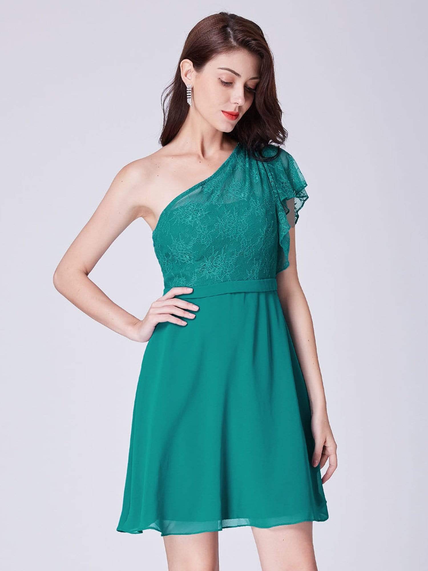 Color=Parasailing Green | Lacey One Shoulder Short Party Dress-Parasailing Green 1 Color=Parasailing Green | Lacey One Shoulder Short Party Dress-Parasailing Green 1
