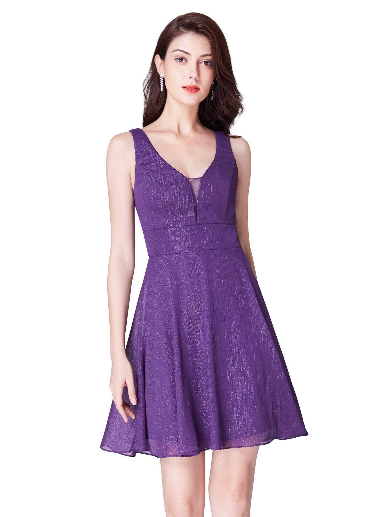 Color=Dark Purple | V Neck Short Fit And Flare Party Dress-Dark Purple 2 Color=Dark Purple | V Neck Short Fit And Flare Party Dress-Dark Purple 2