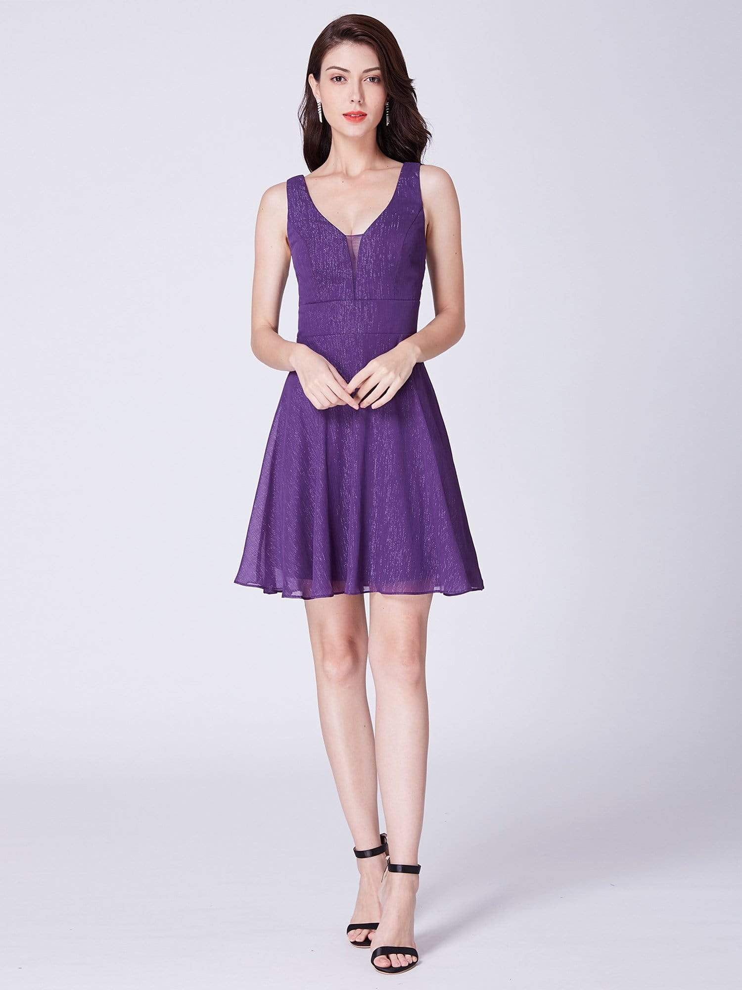 Color=Dark Purple | V Neck Short Fit And Flare Party Dress-Dark Purple 5 Color=Dark Purple | V Neck Short Fit And Flare Party Dress-Dark Purple 5