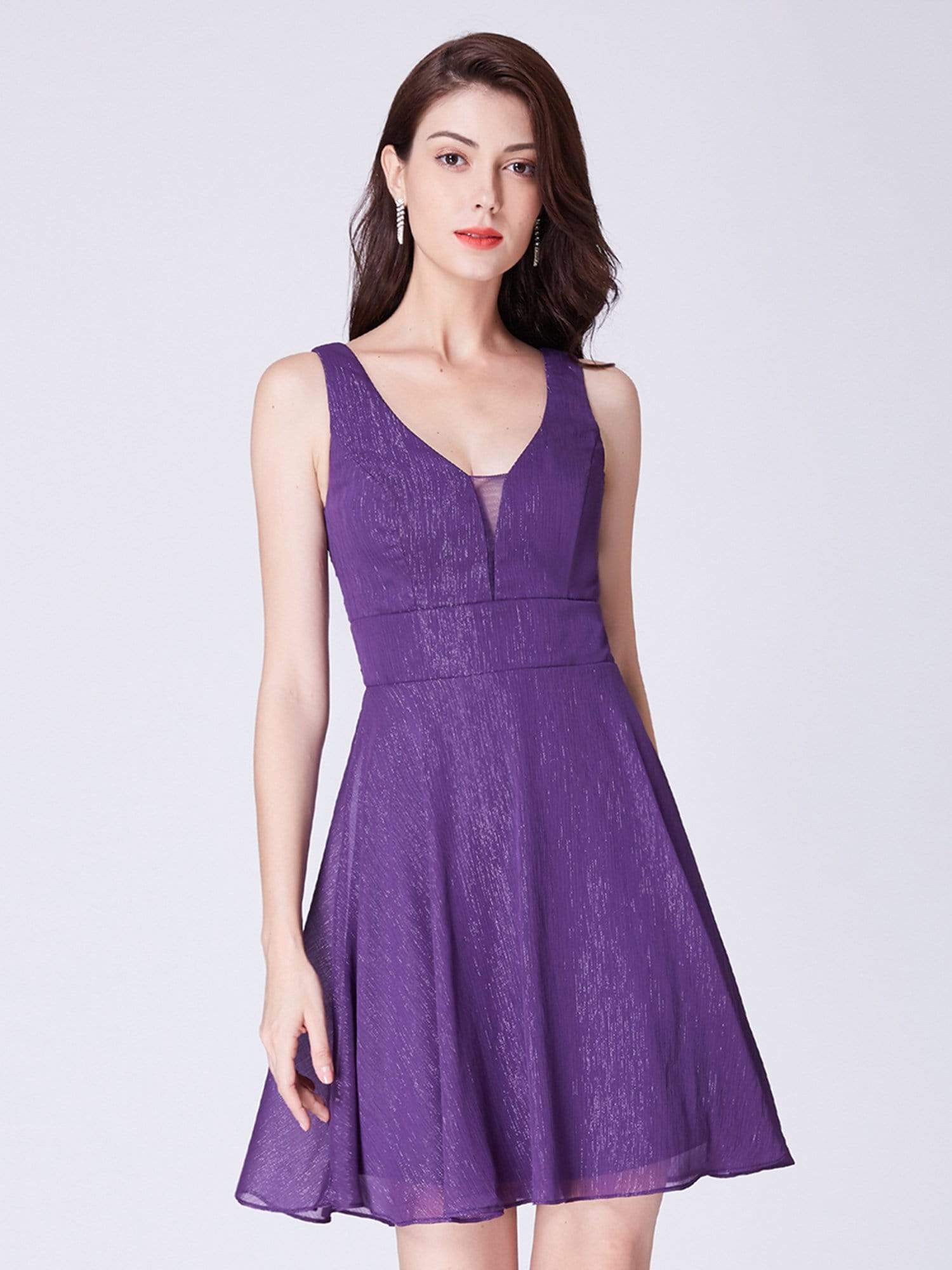 Color=Dark Purple | V Neck Short Fit And Flare Party Dress-Dark Purple 1 Color=Dark Purple | V Neck Short Fit And Flare Party Dress-Dark Purple 1
