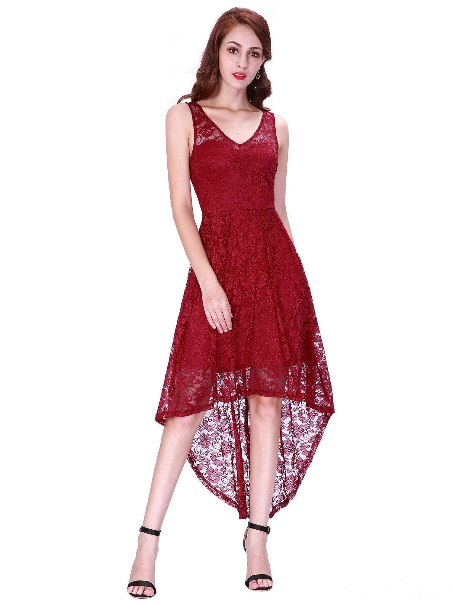 Color=Burgundy | High Low Lace Party Dress With V Neckline-Burgundy 2 Color=Burgundy | High Low Lace Party Dress With V Neckline-Burgundy 2