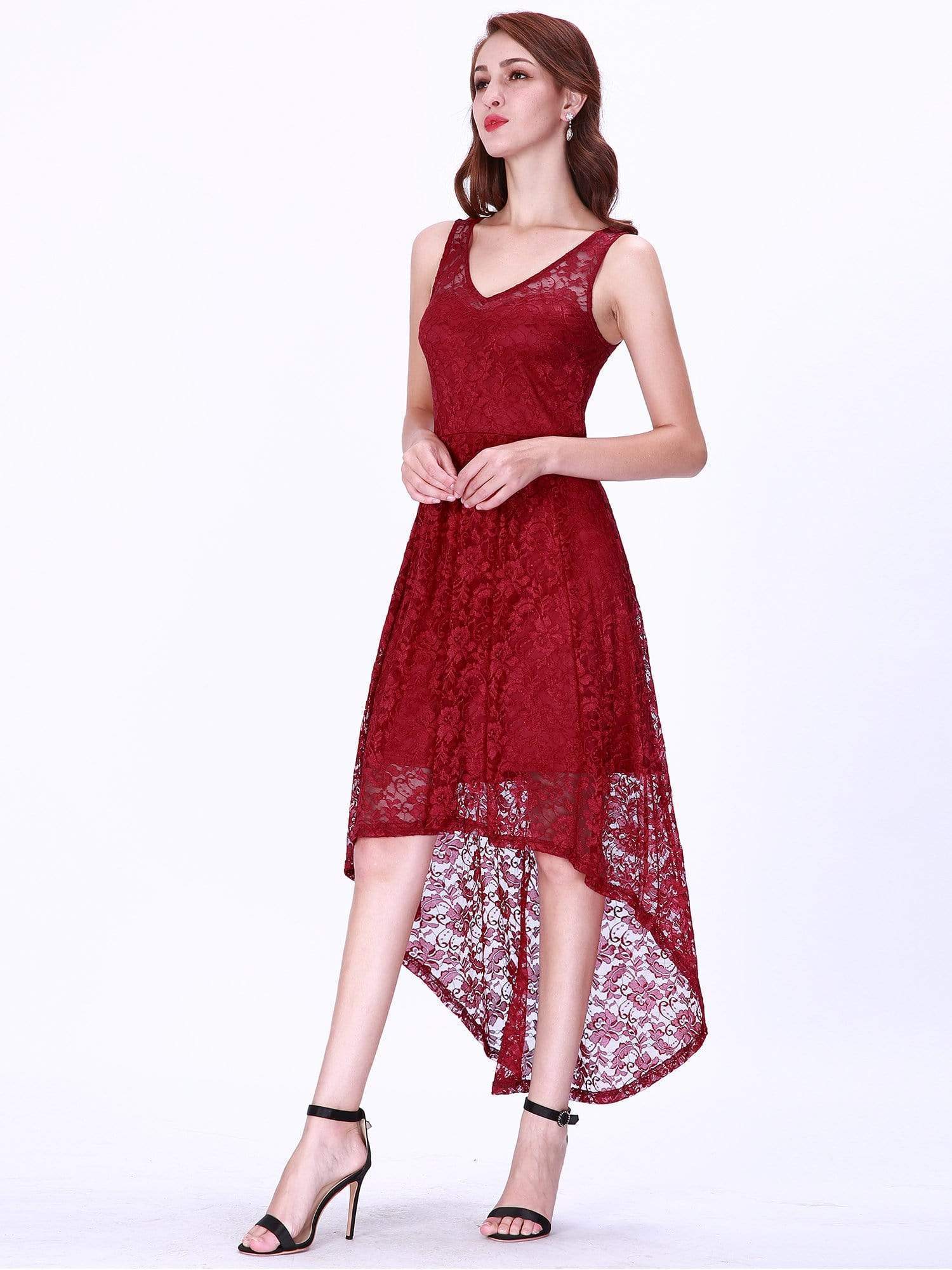 Color=Burgundy | High Low Lace Party Dress With V Neckline-Burgundy 5 Color=Burgundy | High Low Lace Party Dress With V Neckline-Burgundy 5