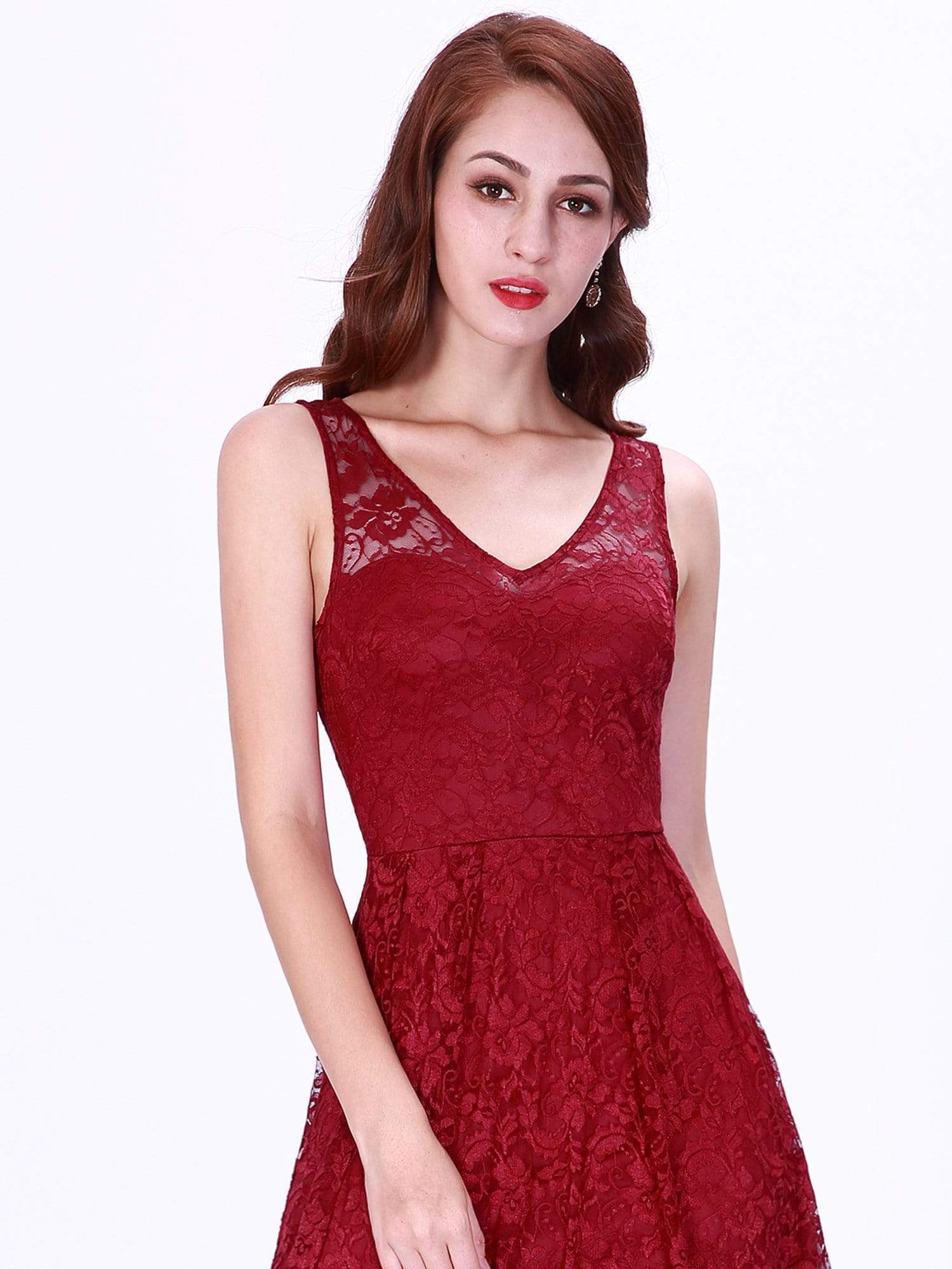 Color=Burgundy | High Low Lace Party Dress With V Neckline-Burgundy 6 Color=Burgundy | High Low Lace Party Dress With V Neckline-Burgundy 6