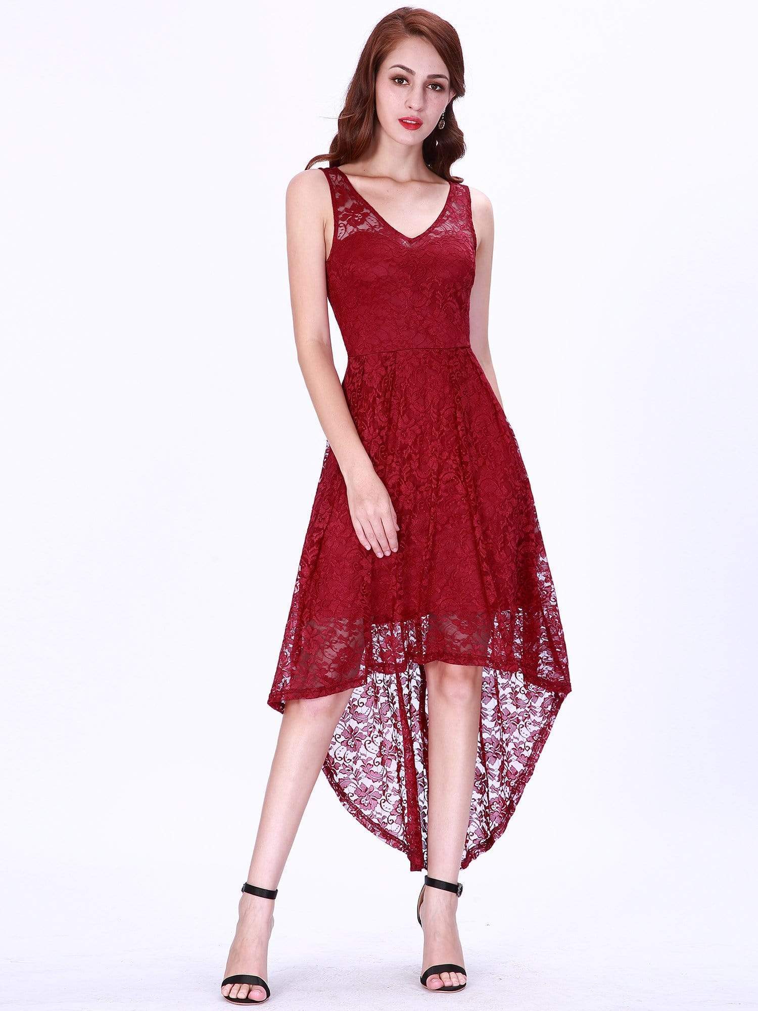 Color=Burgundy | High Low Lace Party Dress With V Neckline-Burgundy 1 Color=Burgundy | High Low Lace Party Dress With V Neckline-Burgundy 1