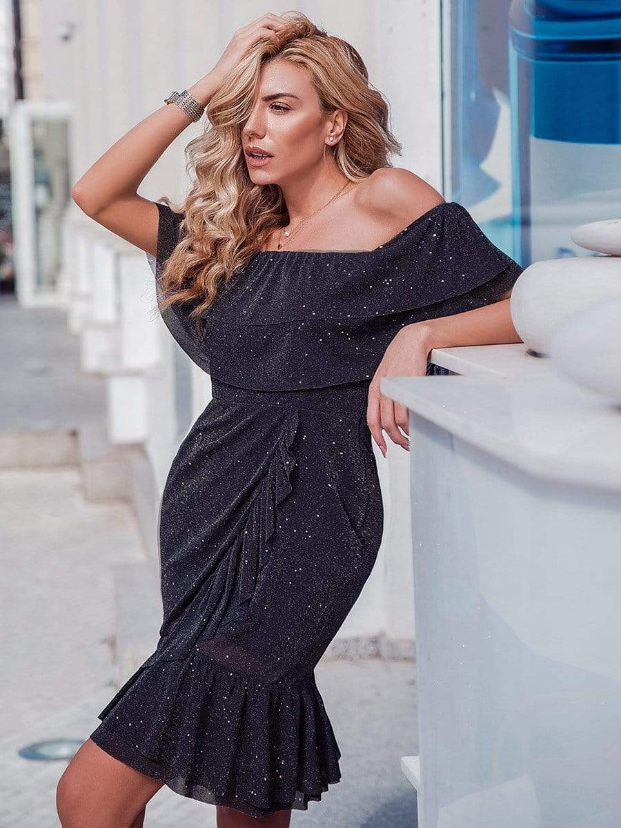 Color=Dark Purple | Women'S Off Shoulder Cocktail Dress With Ruffle Sleeves-Dark Purple 3 Color=Dark Purple | Women'S Off Shoulder Cocktail Dress With Ruffle Sleeves-Dark Purple 3