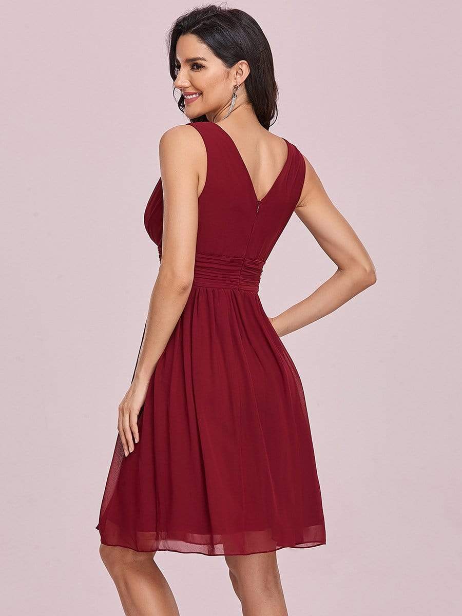 Color=Burgundy | Short Sleeveless Party Dress With V-Neck-Burgundy 7
