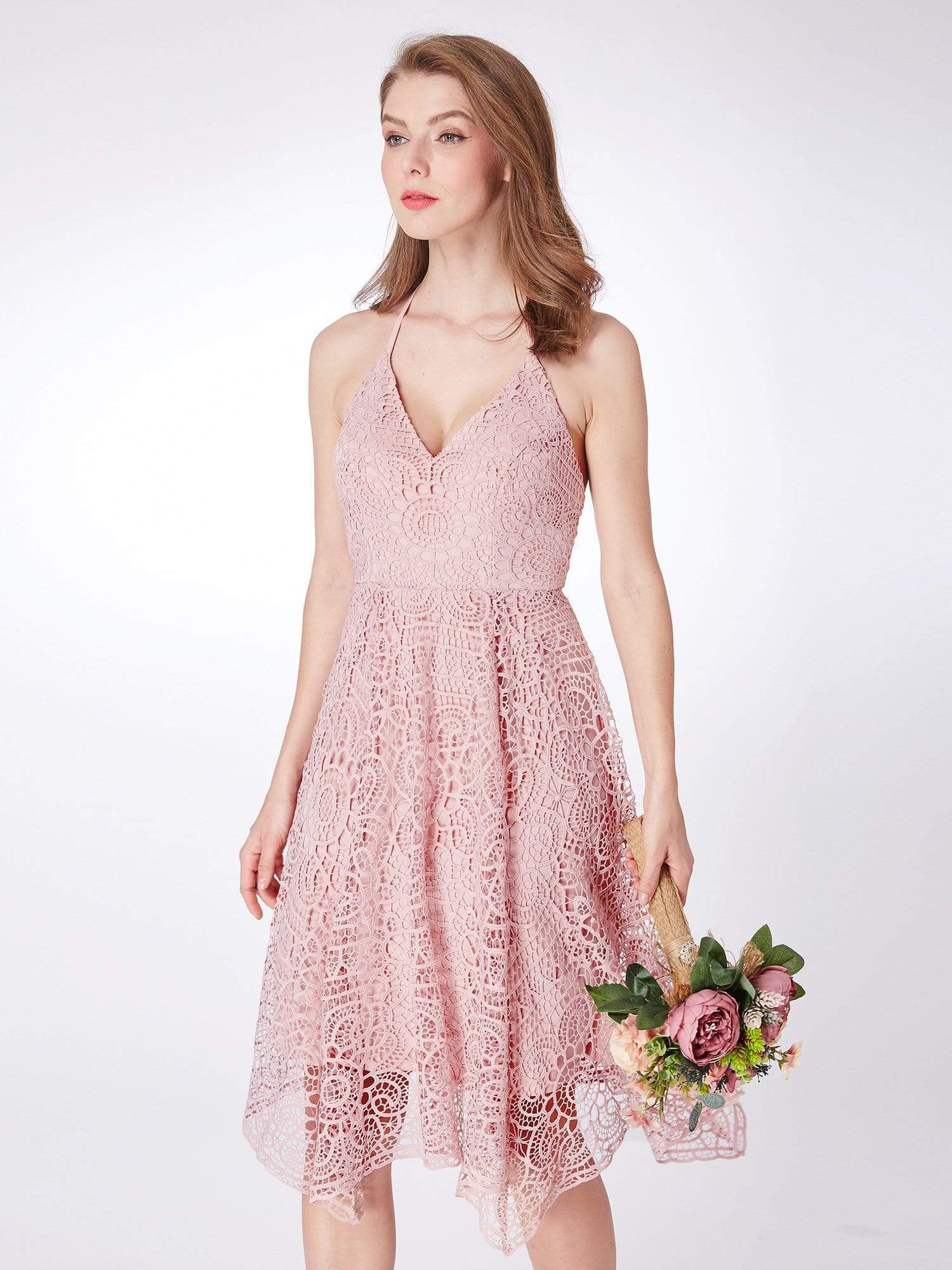 Color=Pink | Short Halter Lace Summer Dress-Pink 6 Color=Pink | Short Halter Lace Summer Dress-Pink 6